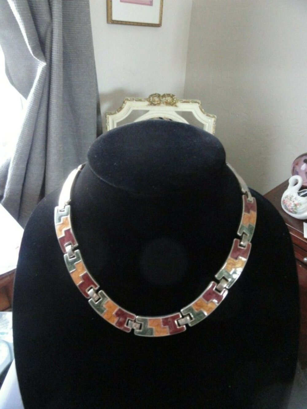 Tradesy Jewelry - Green/Gold/ Maroon Geometric Mosaic Metal Necklace - 16 inch.
